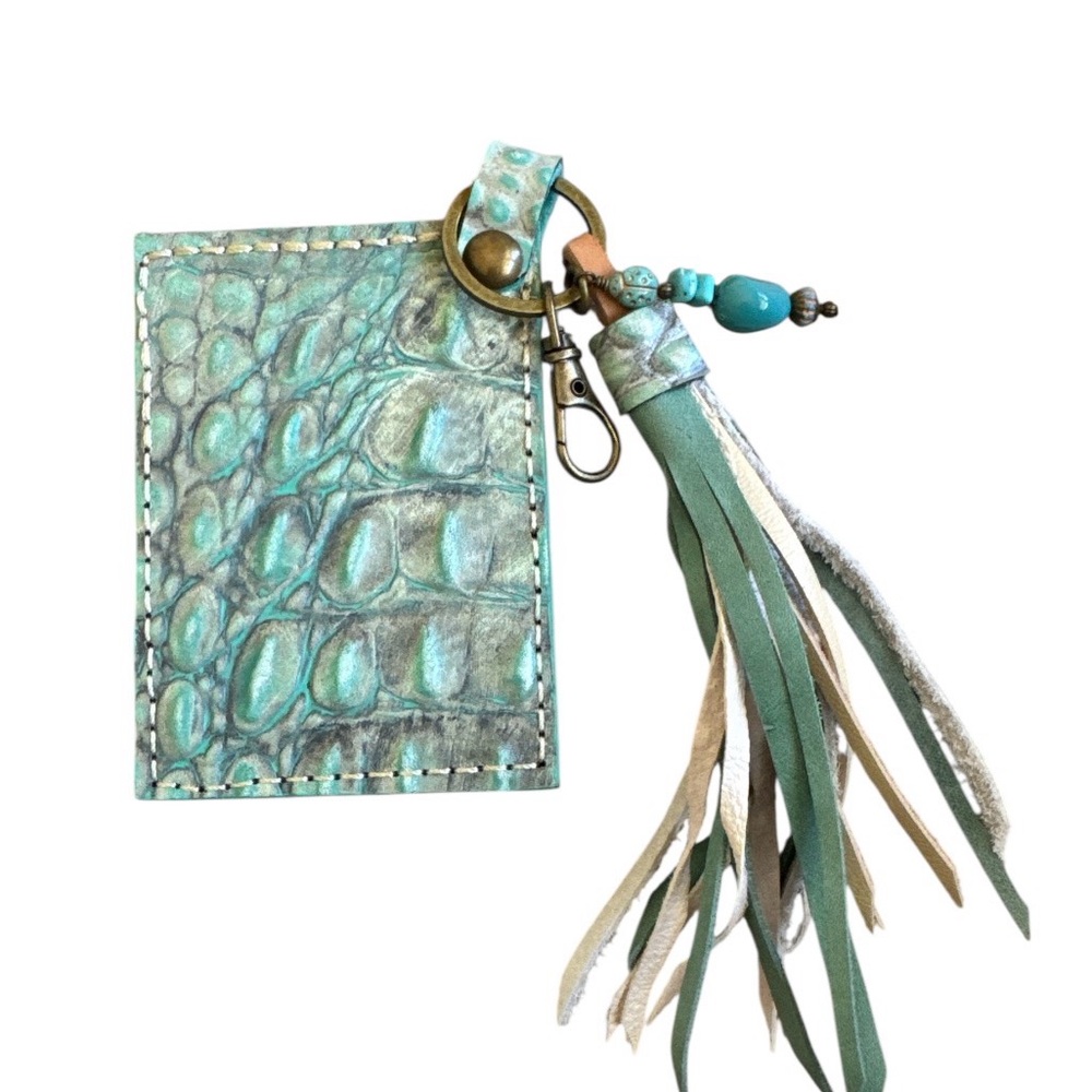 Artisan Handmade Western Southwest Leather Card Holder Turquoise Gator Wallet